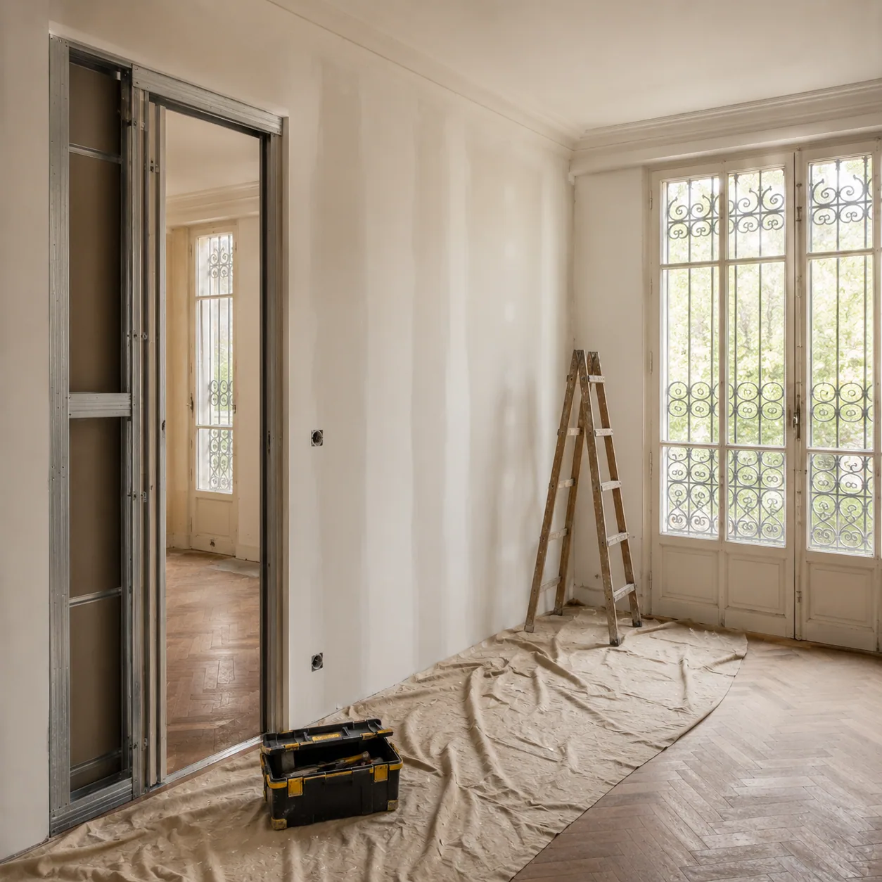 Chantier de Camille R. — Cloison placo + porte coulissante